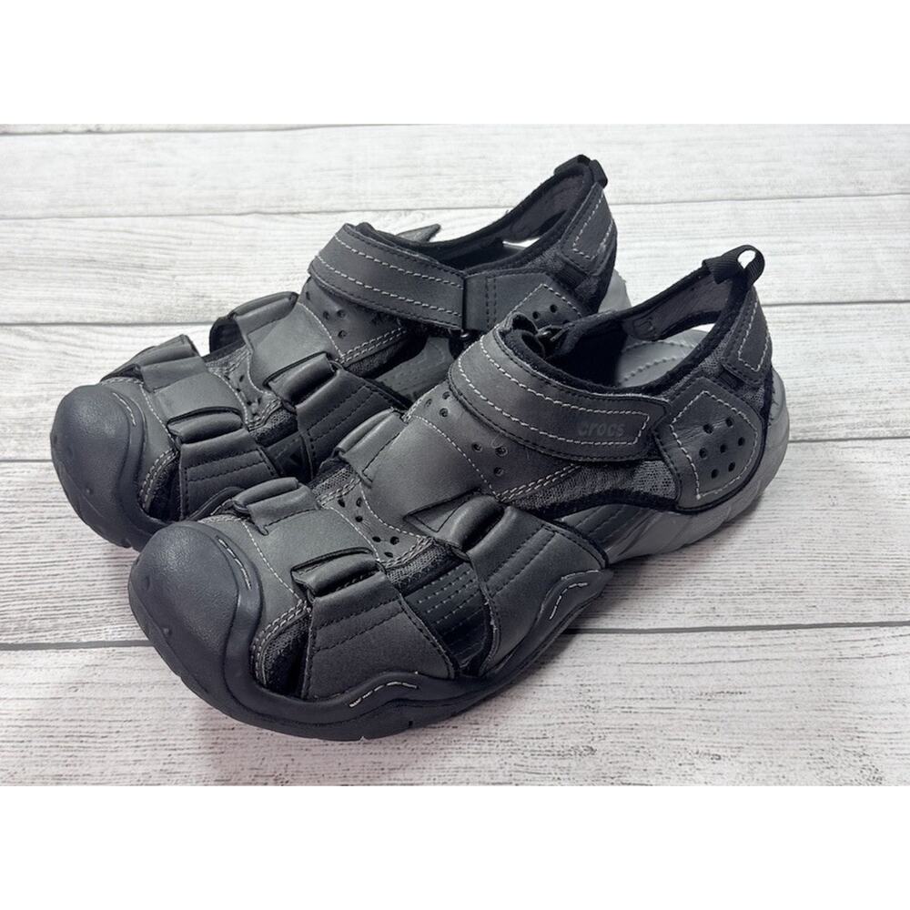 Crocs Men’s Swiftwater Leather Fisherman Sandals Gray Outdoor 204562 Size 11